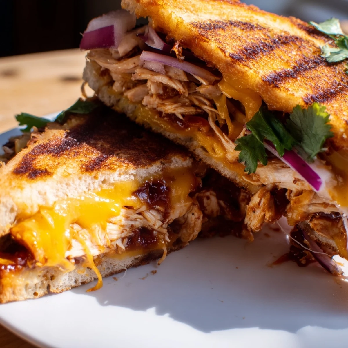 Crispy buttered sourdough grilled cheese stuffed with savory BBQ chicken and shredded cheese blend