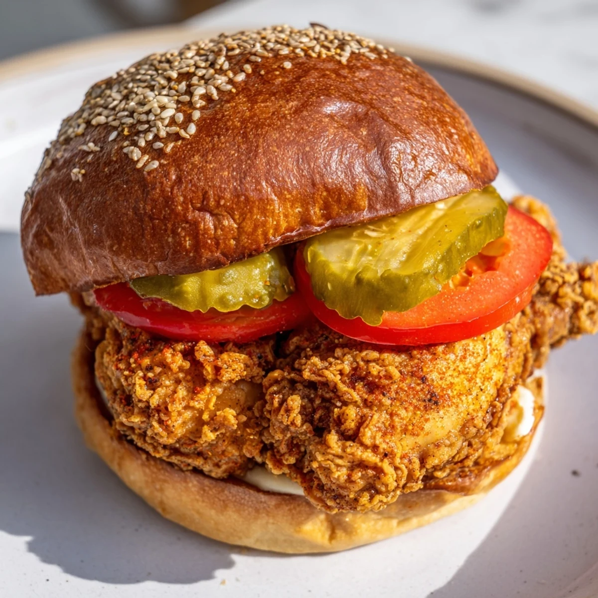 Golden ultra crunchy fried chicken burger stacked with fresh lettuce, tomato, and pickles on a toasted brioche bun