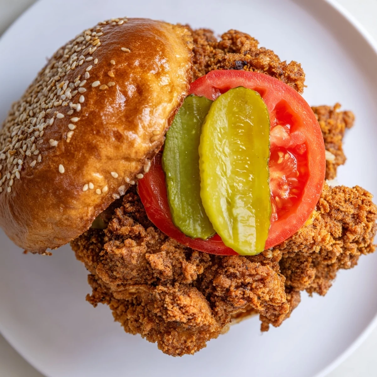 Handheld ultra crunchy fried chicken burger featuring juicy chicken thigh topped with ripe tomatoes, dill pickles, and creamy spicy mayo