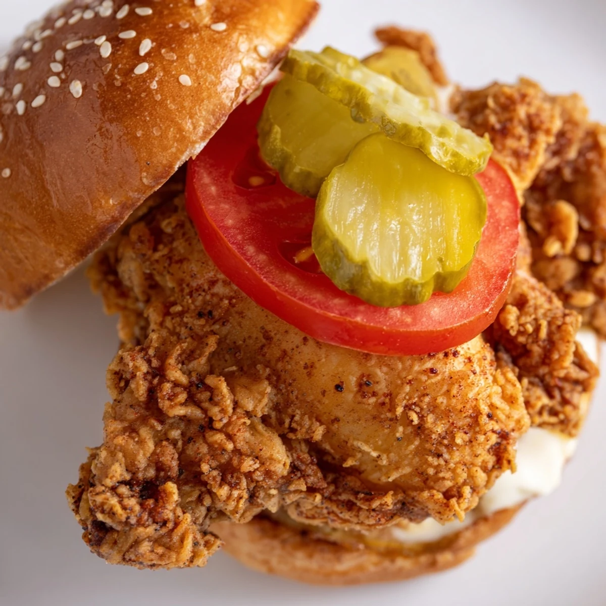 Crispy fried chicken fillet with extra craggy coating served on a soft bun with tangy mayo and crisp vegetables