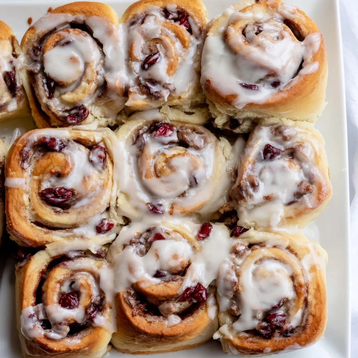 Fresh cherry cinnamon rolls baking in a pan with sweet cinnamon sugar swirls