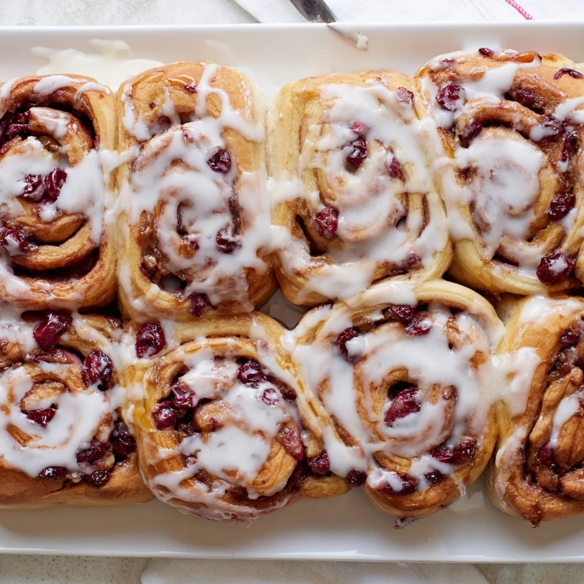 Golden cherry cinnamon rolls with vanilla glaze drizzled over spiraled pastry layers