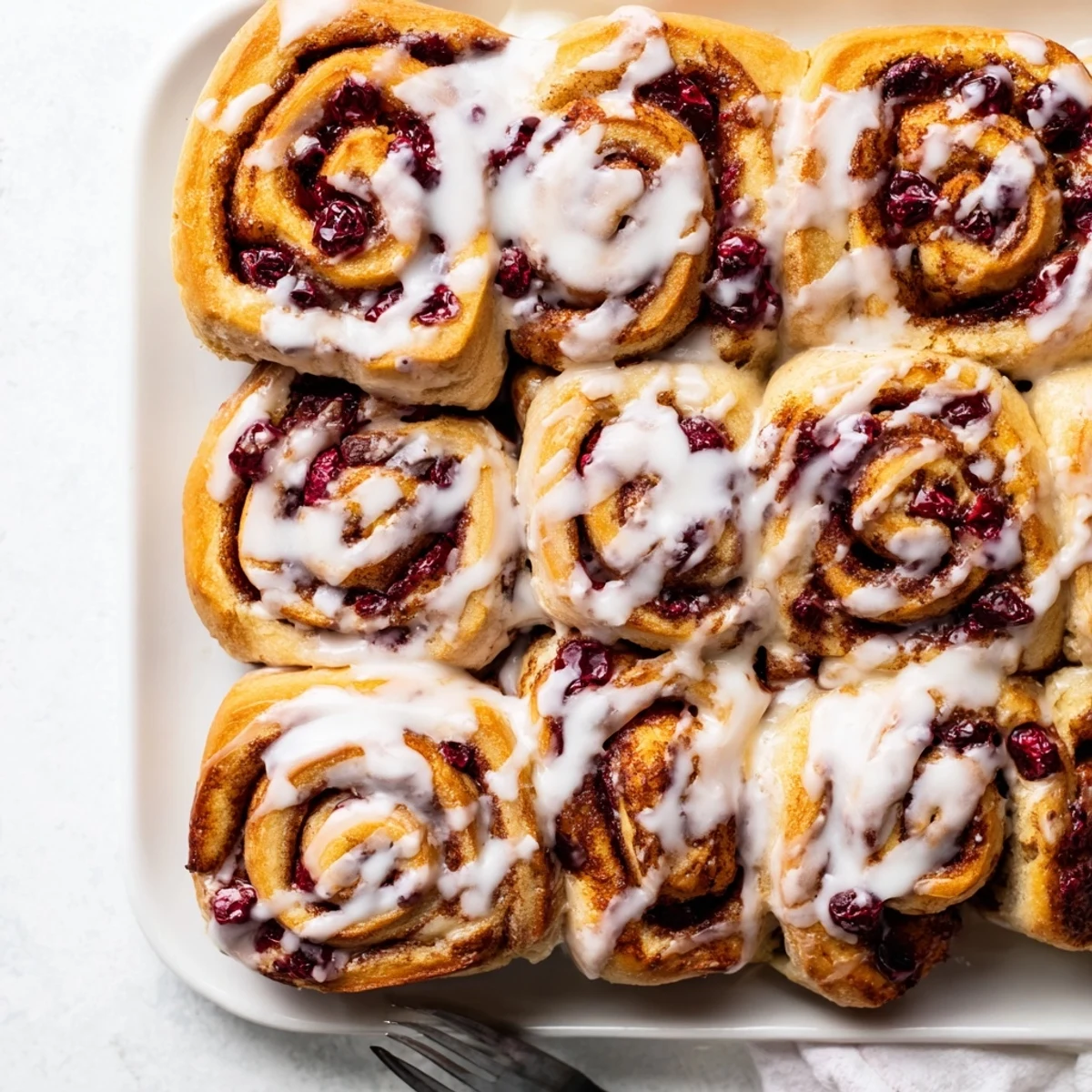 Fluffy homemade cherry cinnamon rolls topped with creamy white icing and red fruit