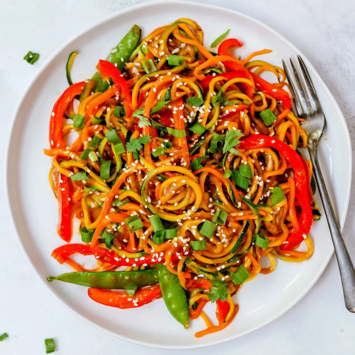 Golden spiralized zucchini noodles coated in glossy homemade teriyaki sauce with colorful stir-fried vegetables