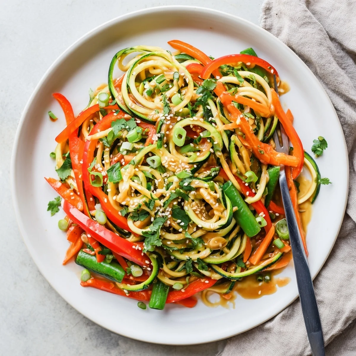 Fresh teriyaki zucchini noodles in a bowl featuring crisp bell peppers, snap peas, and toasted sesame seeds