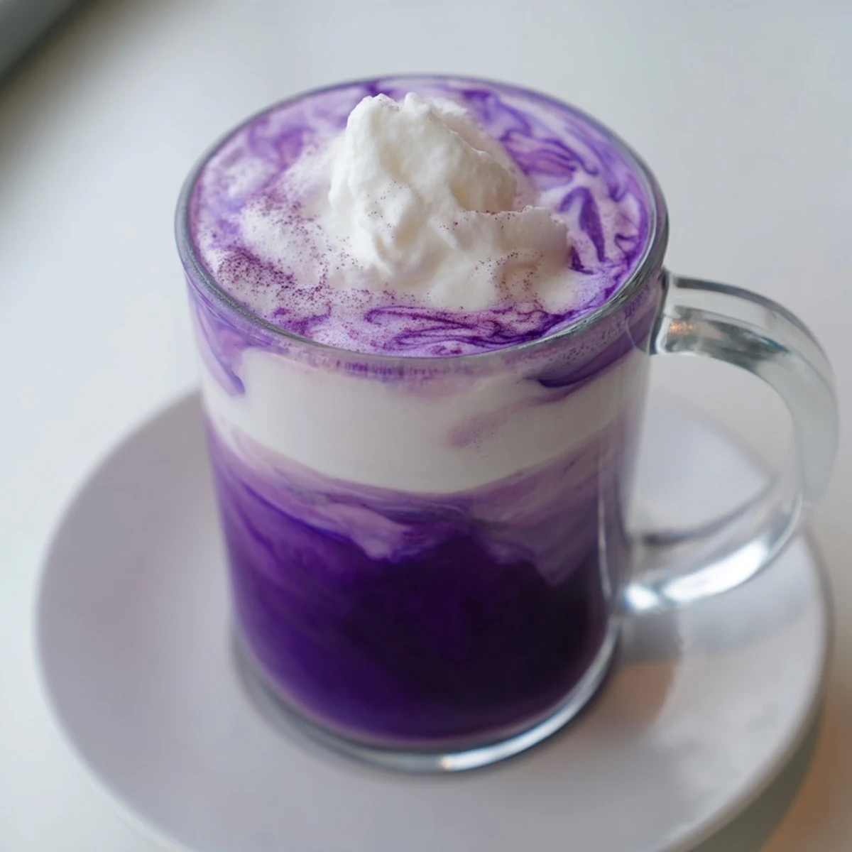 Vibrant purple ube latte with swirled cream and dusted purple yam powder