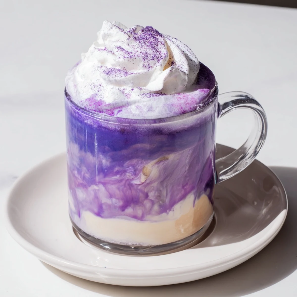 Creamy ube latte showcasing rich purple hue in glass with whipped cream topping