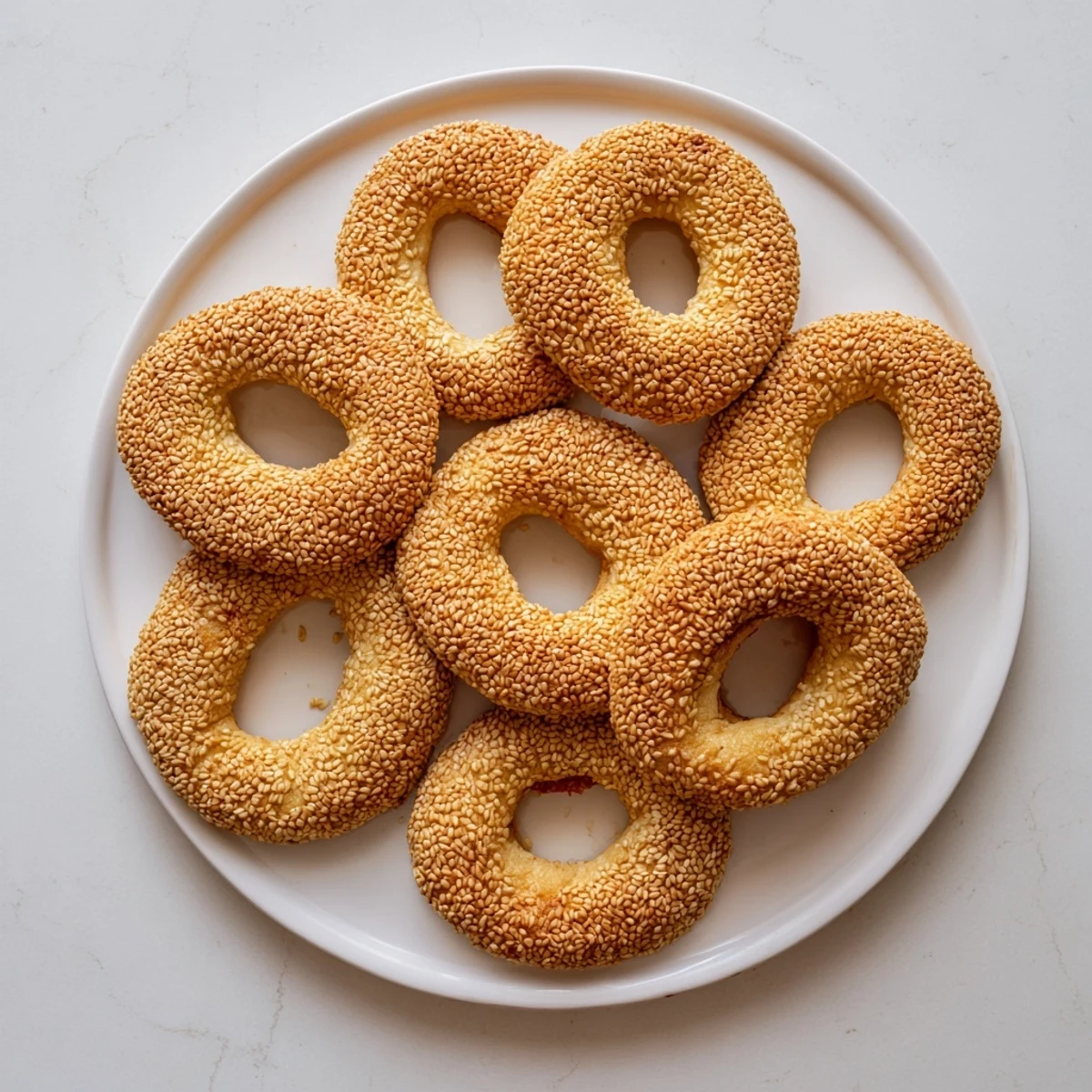 Homemade sesame bread rings arranged on parchment paper, featuring chewy texture and generous seed coating.