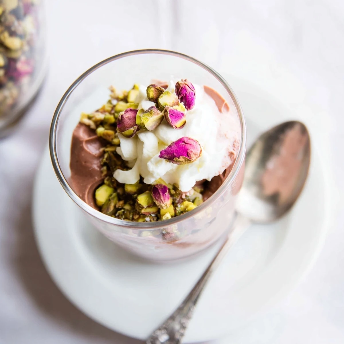 Decadent Dubai chocolate cup layered with creamy cardamom mousse, crunchy pistachios, and fragrant rosewater cream topping