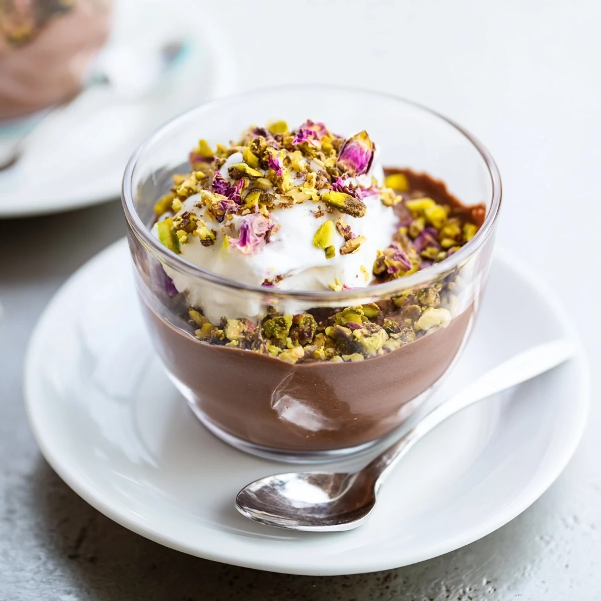Middle Eastern inspired chocolate dessert cup featuring rich mousse, honey toasted pistachio crunch, and sweet rosewater whipped cream