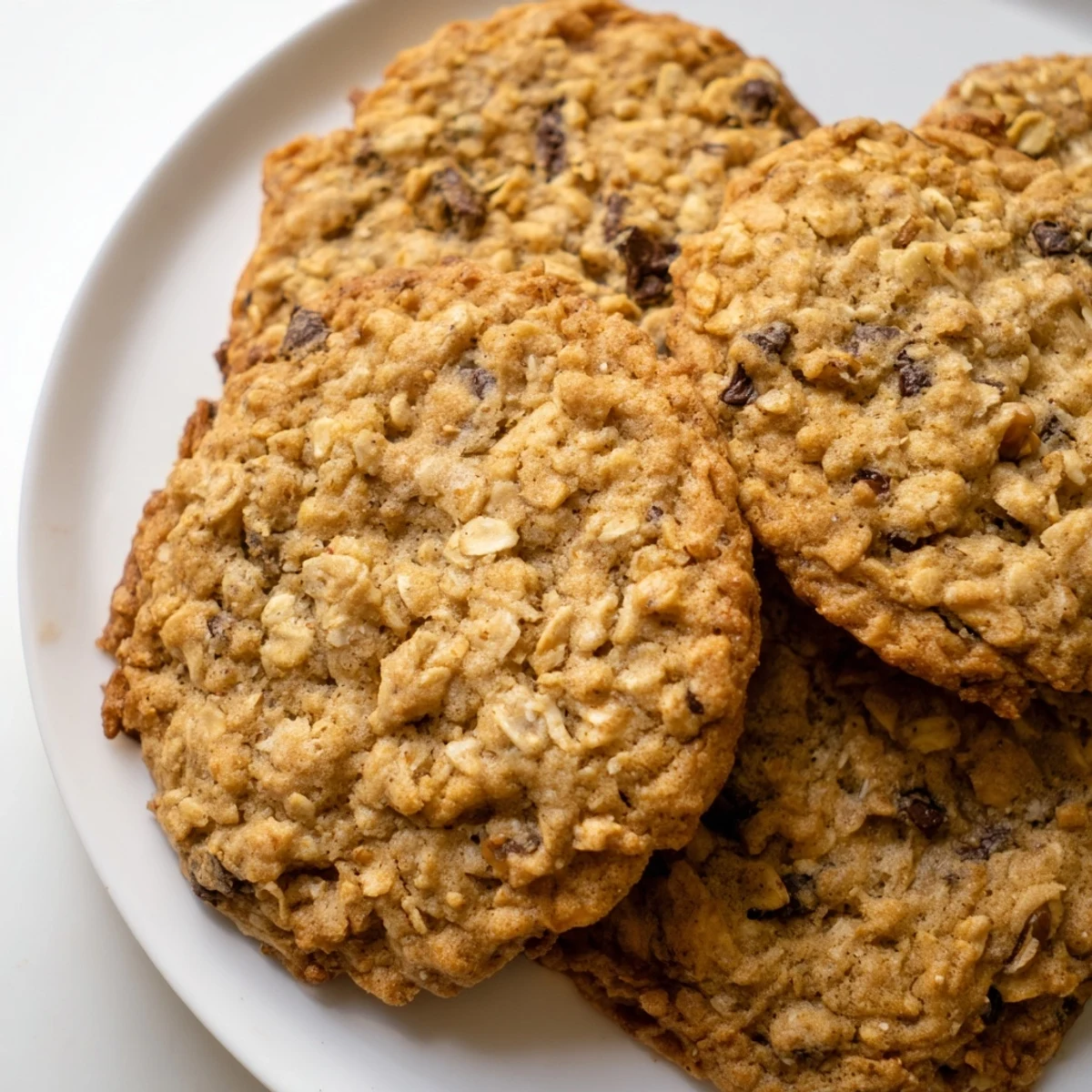 Golden brown Irish oat cookies stacked on a wooden board with melty chocolate chips