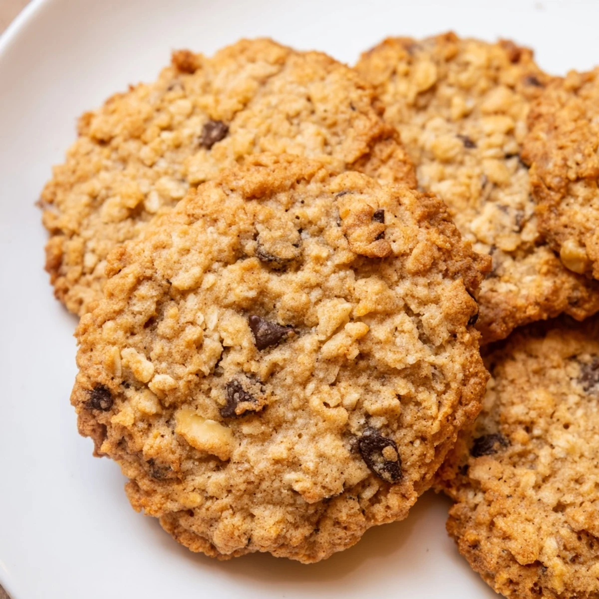 Chewy brown butter oat cookies fresh from the oven on a white baking sheet