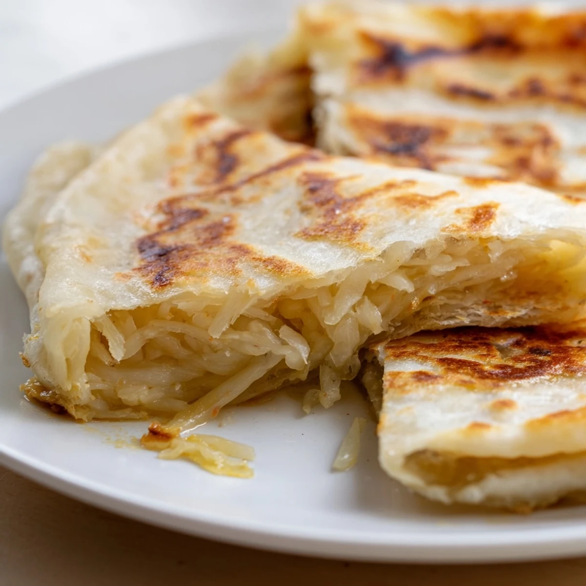 Golden flaky roti canai with visible crispy layers on a white plate