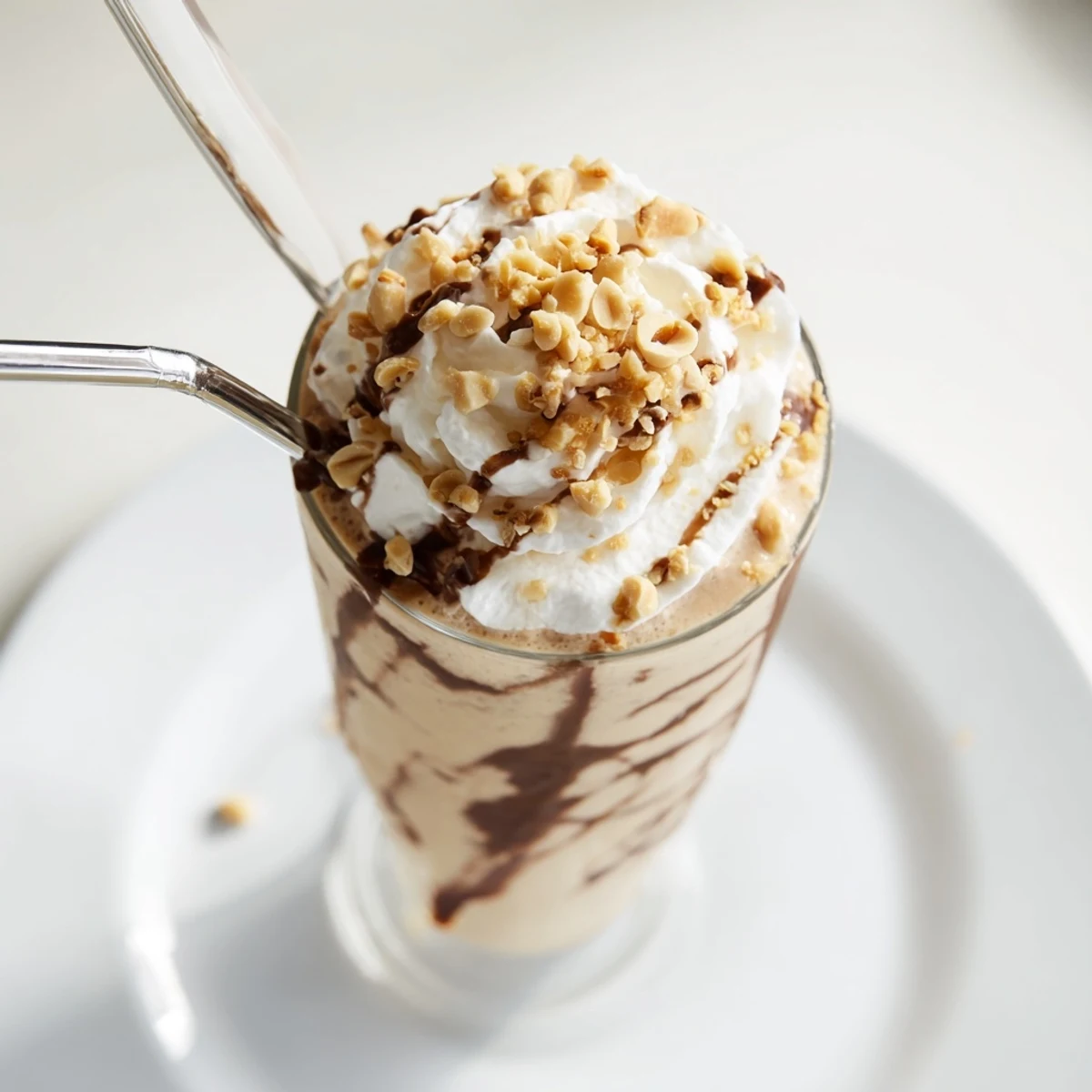 Thick Five Guys-style peanut butter milkshake topped with whipped cream and crushed roasted peanuts in a chilled glass