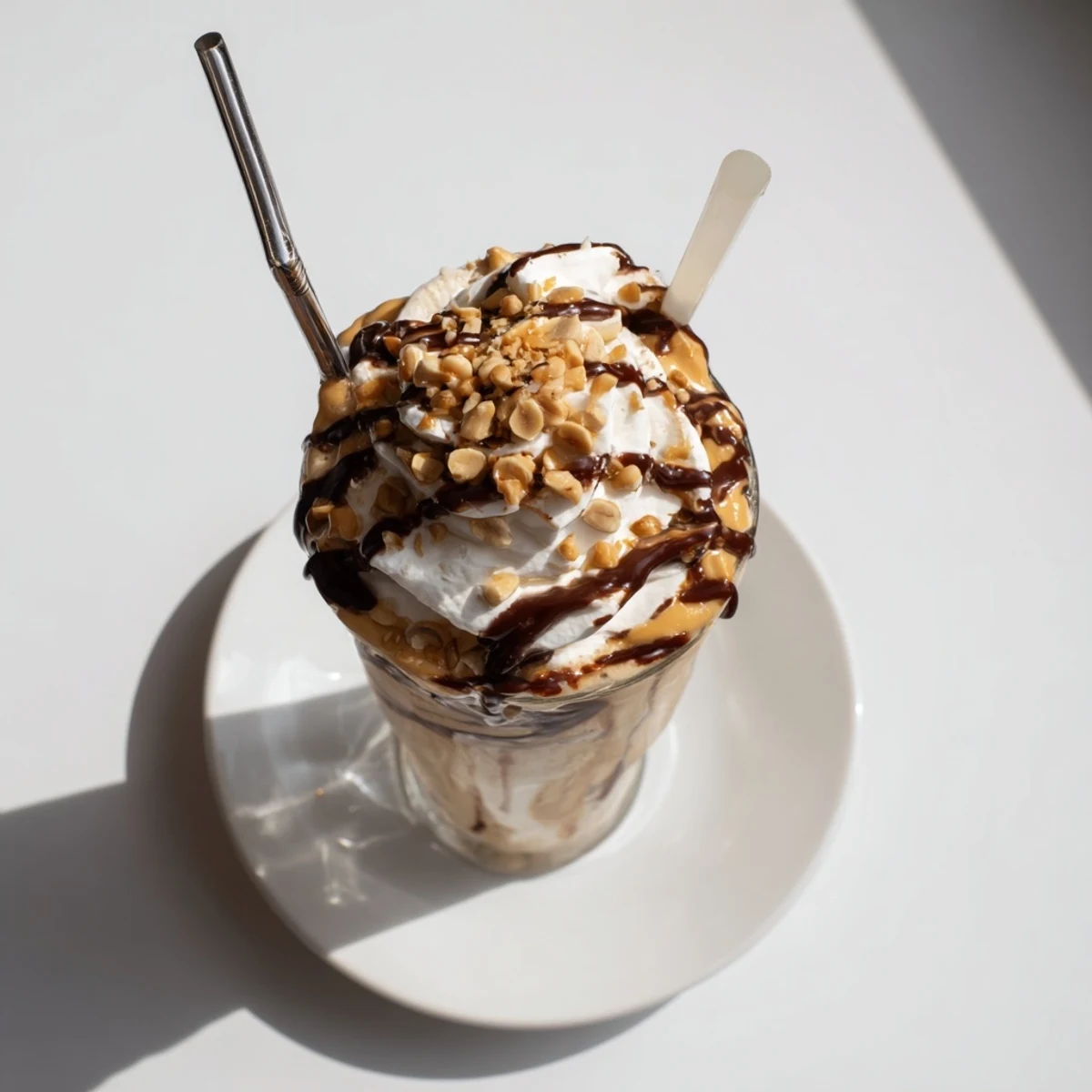 Tall glass of indulgent Five Guys peanut butter milkshake garnished with chocolate syrup and fluffy whipped cream topping