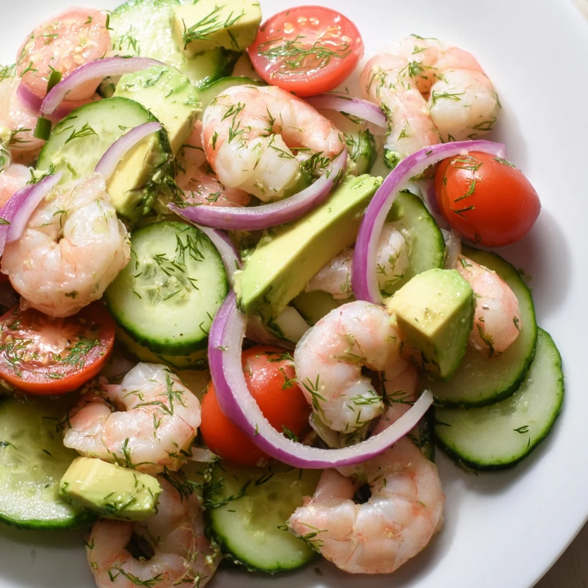 Fresh cucumber shrimp salad with tender shrimp, crisp vegetables, and zesty lemon-herb dressing in a white bowl