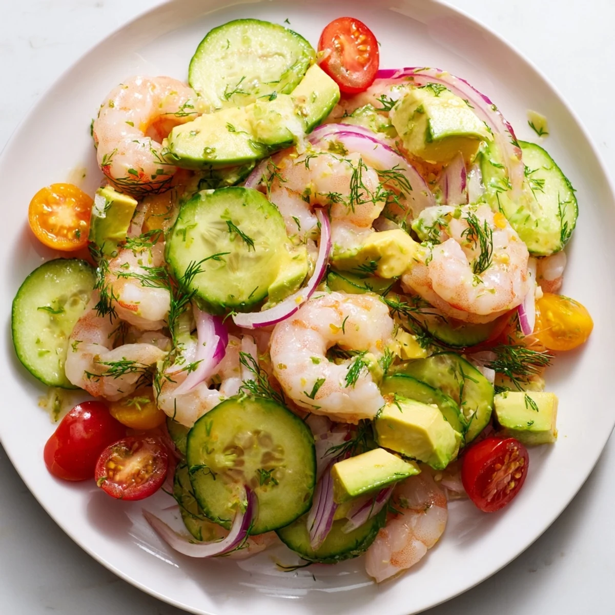 Colorful cucumber shrimp salad featuring avocado, cherry tomatoes, and red onion drizzled with olive oil dressing