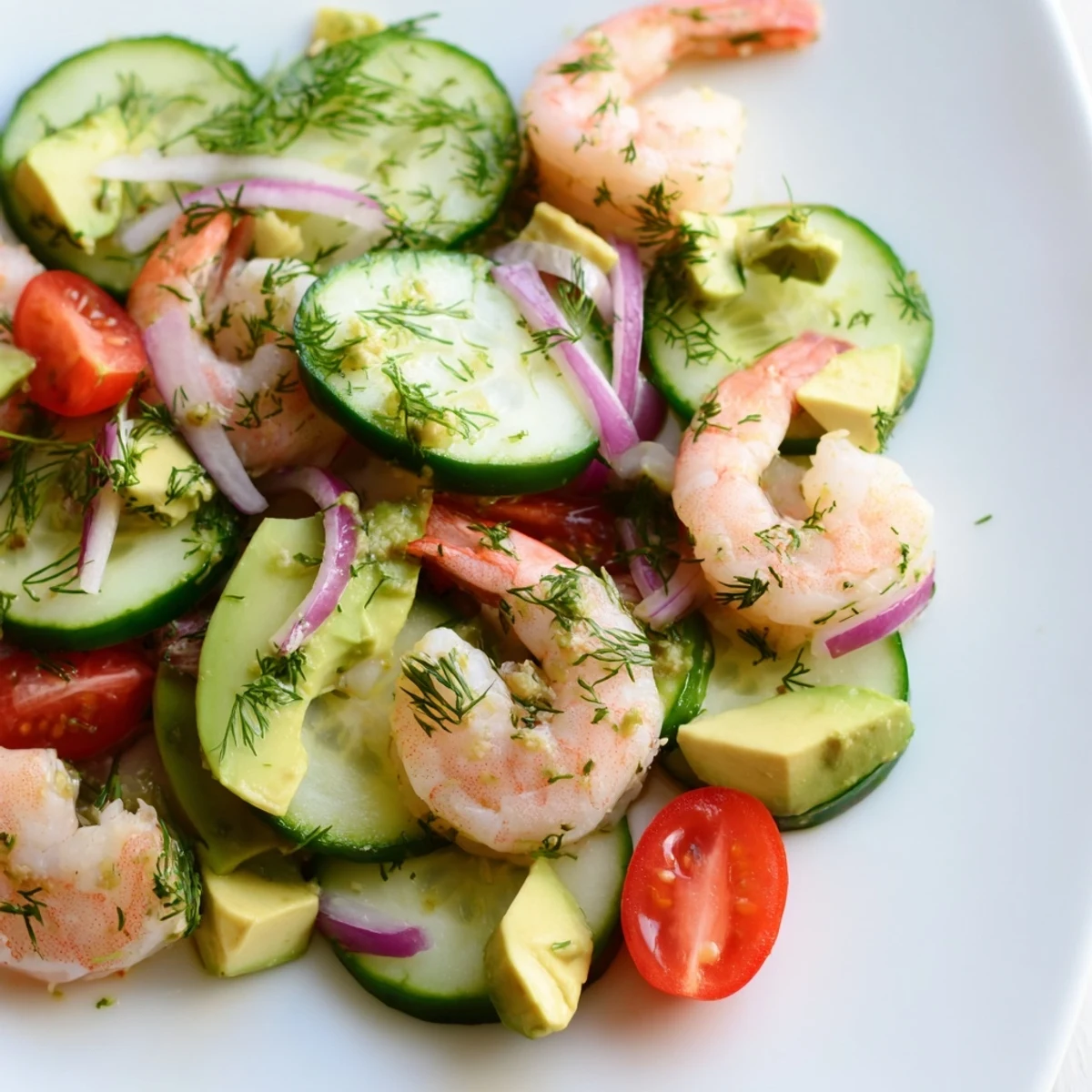 Light and refreshing cucumber shrimp salad plated with crisp cucumbers and succulent shrimp garnished with fresh dill