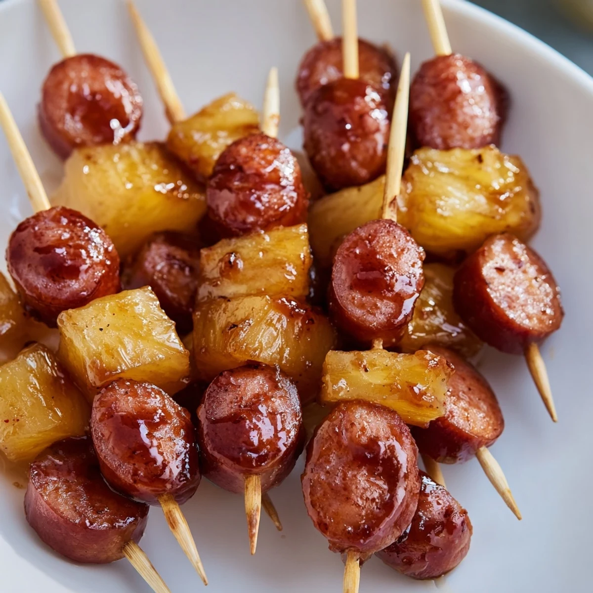 Golden glazed kielbasa pineapple bites arranged on a serving platter with caramelized coating