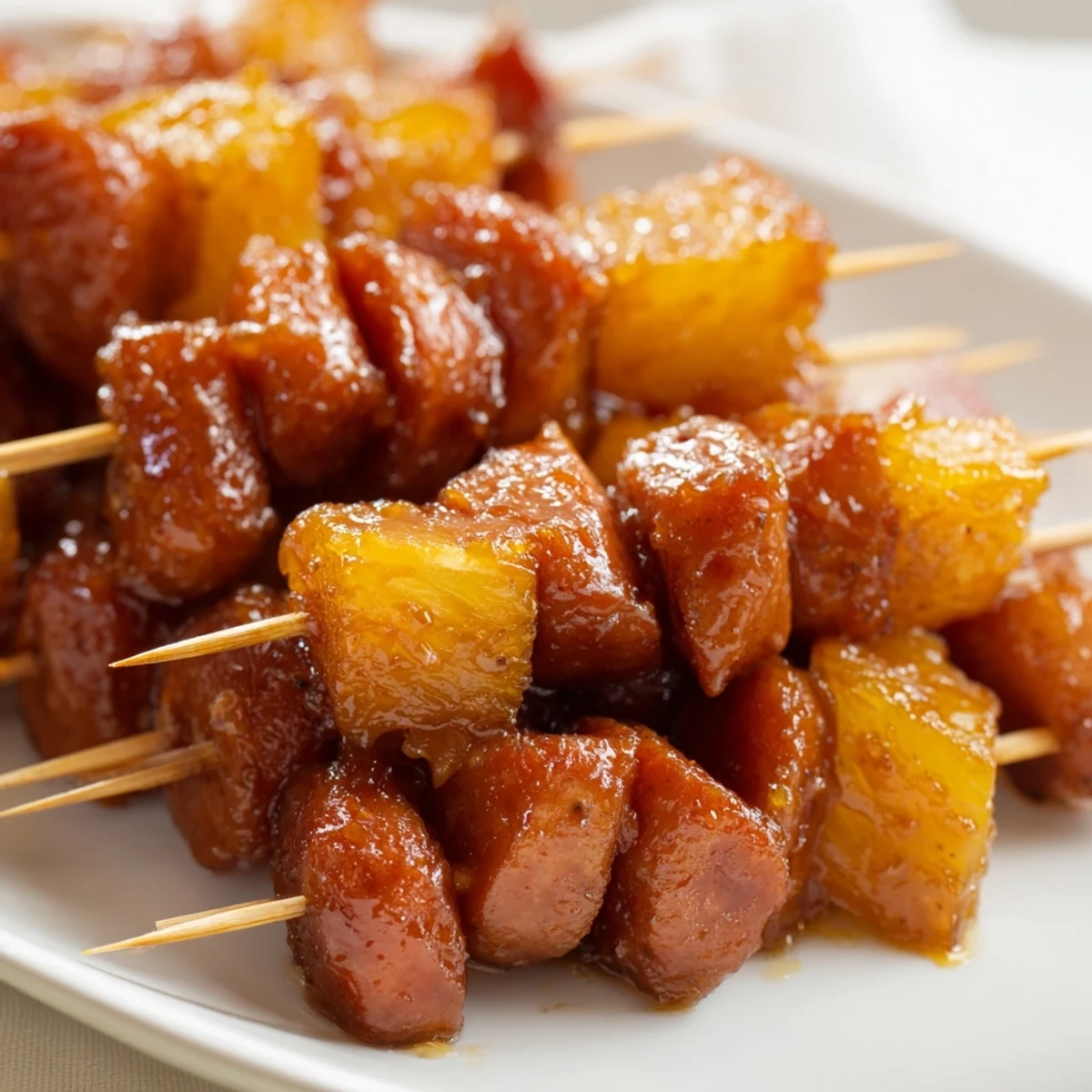 Oven-baked appetizer featuring kielbasa slices and pineapple in a sticky barbecue glaze