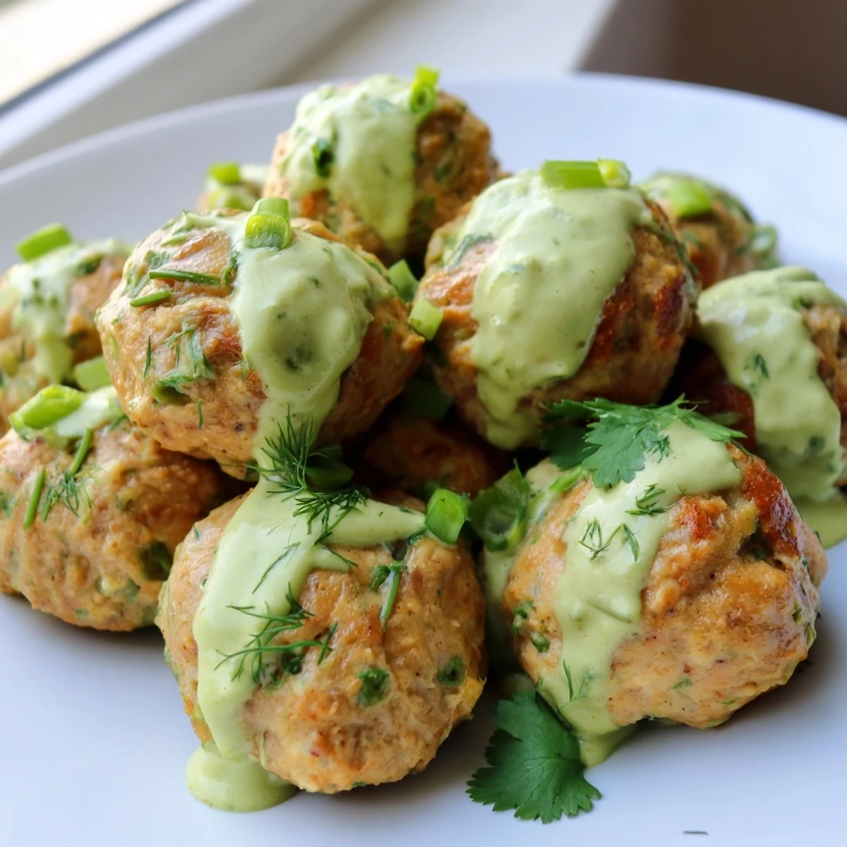 Fresh salmon meatballs on a wooden serving board surrounded by lemon wedges and a bowl of creamy avocado dip