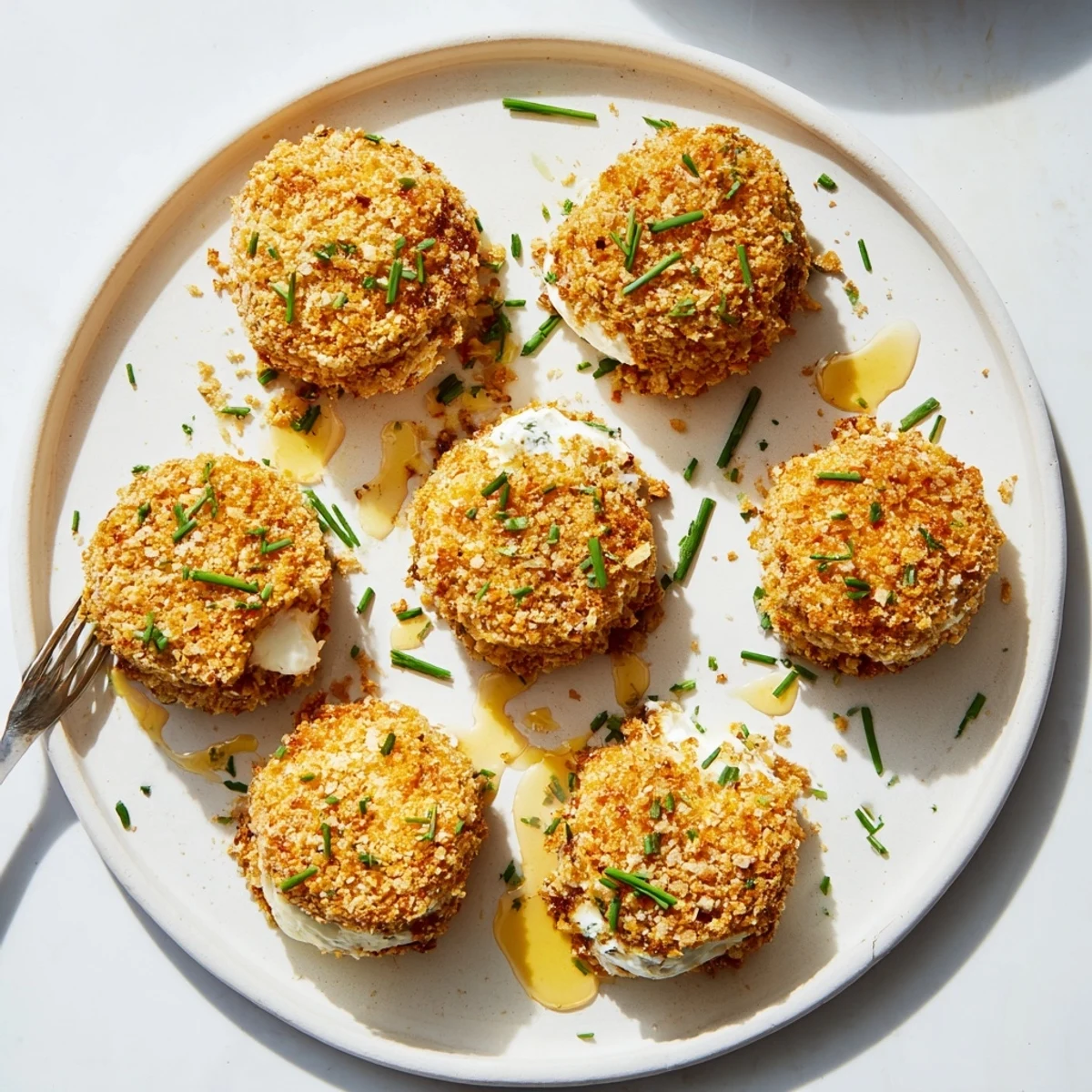 Golden fried goat cheese medallions with crunchy pretzel crust served on white plate