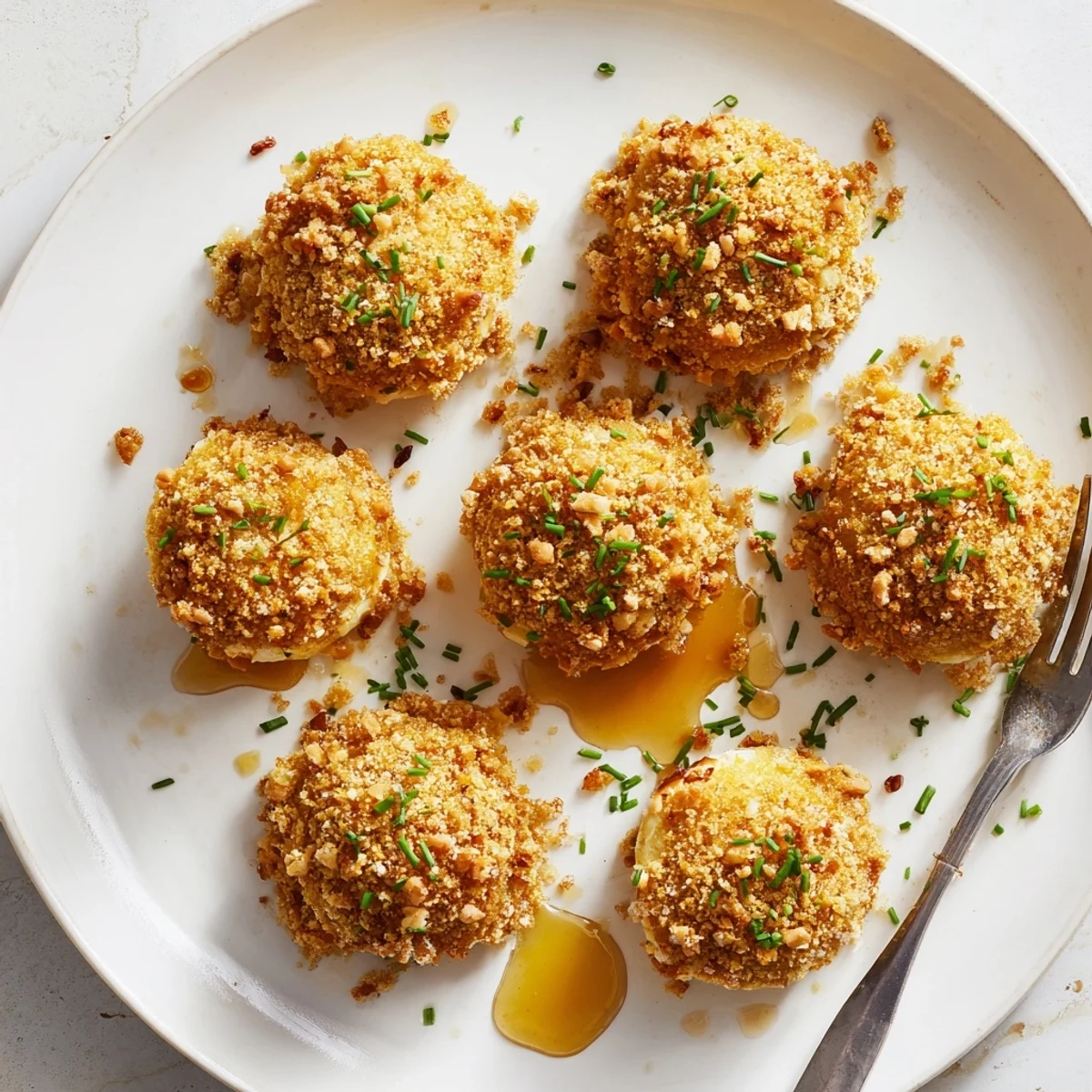 Crispy pretzel crusted goat cheese rounds drizzled with honey and fresh chives