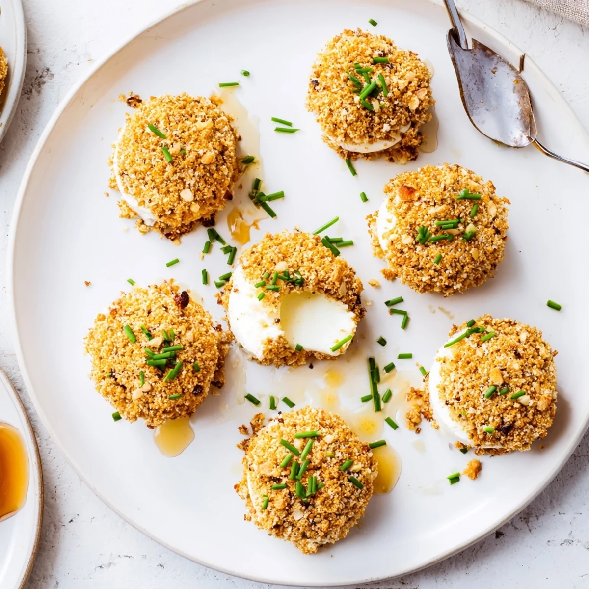 Close up of fried goat cheese bites with salty pretzel coating and creamy center