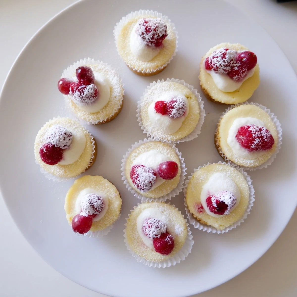 Golden mini cheesecakes with vanilla wafer crust topped with fresh red berries