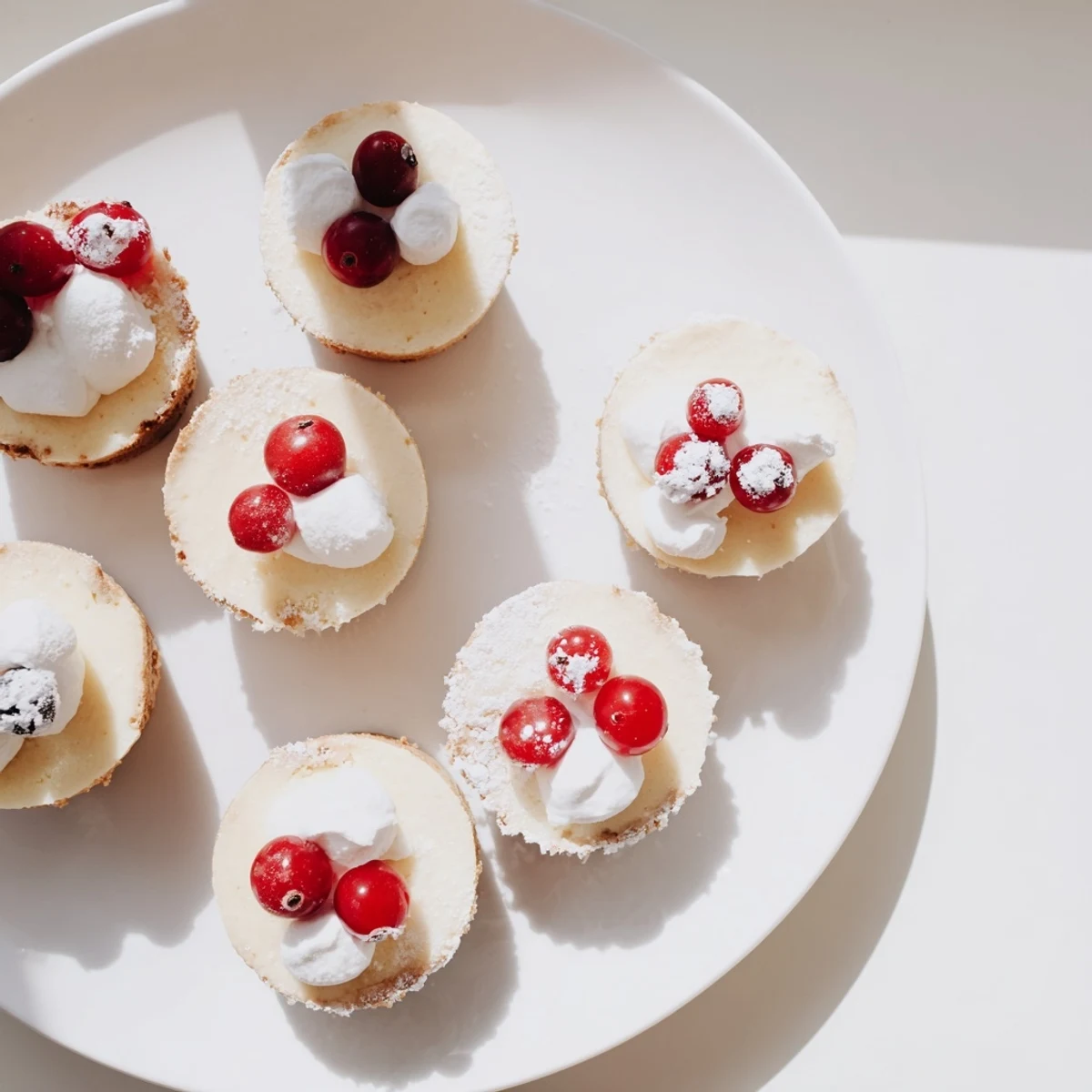Small vanilla wafer crust cheesecakes with smooth filling and colorful berry garnish