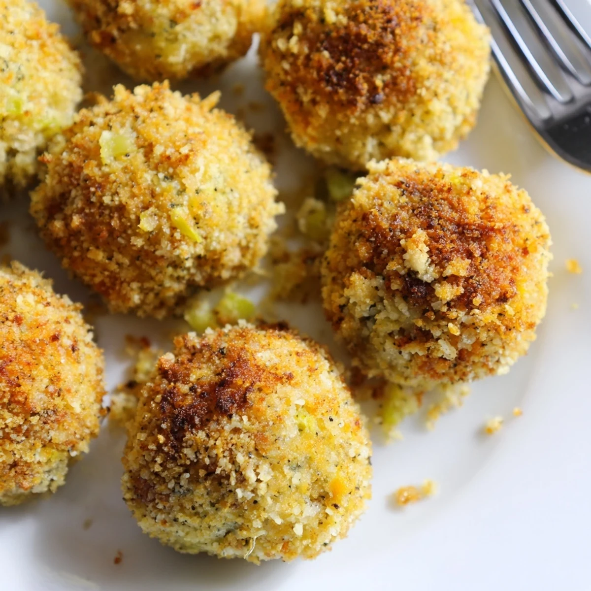 Golden brown crispy cornbread dressing balls served on white plate for holiday gathering