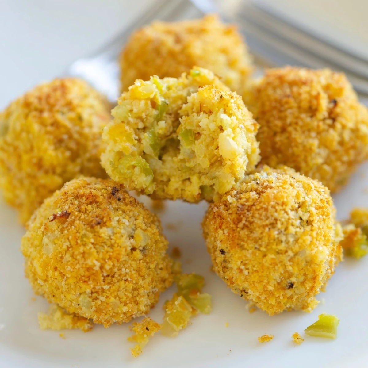 Deep fried cornbread dressing appetizers with sage and celery on serving platter