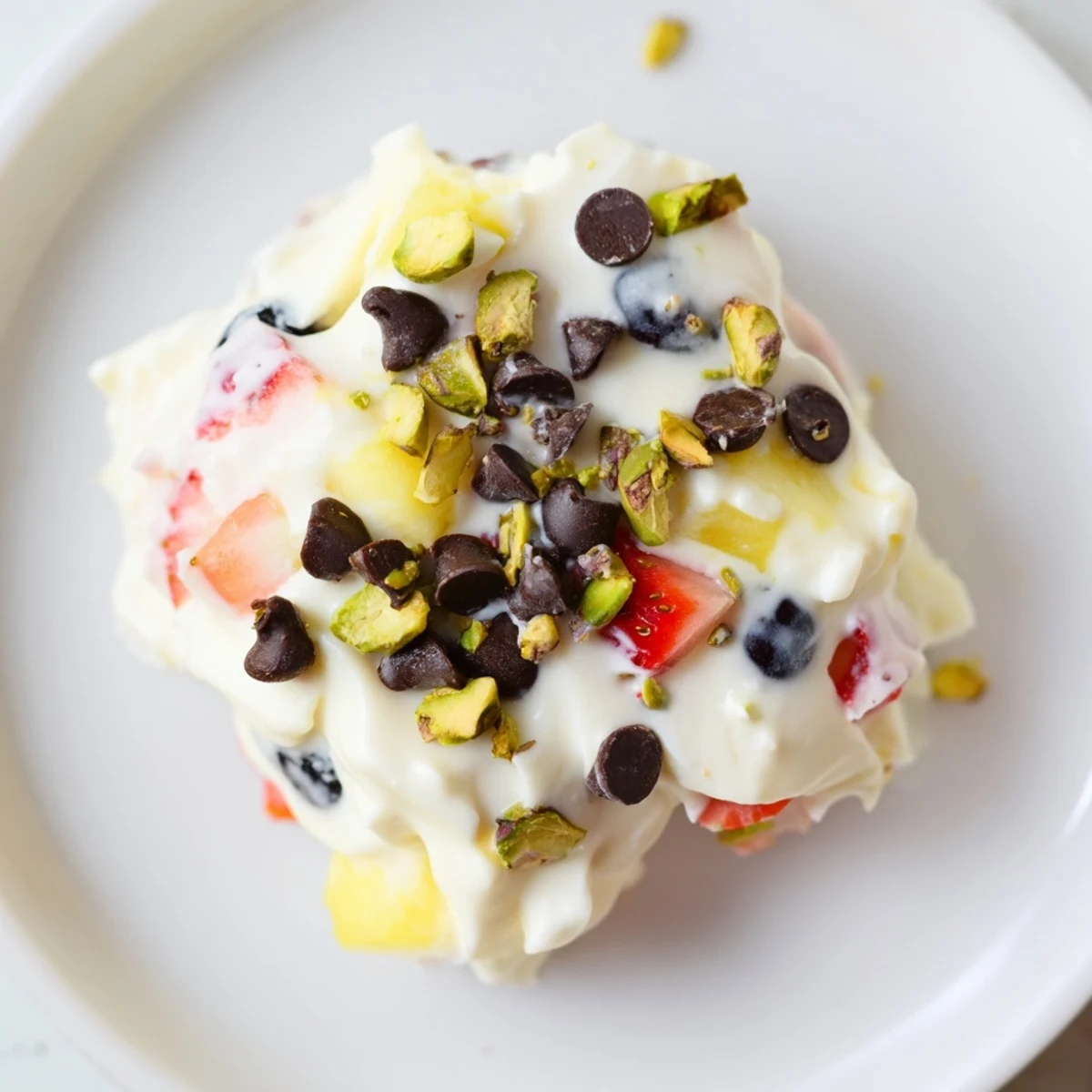 Creamy Greek yogurt drops mixed with blueberries and mango pieces arranged on a parchment-lined baking sheet