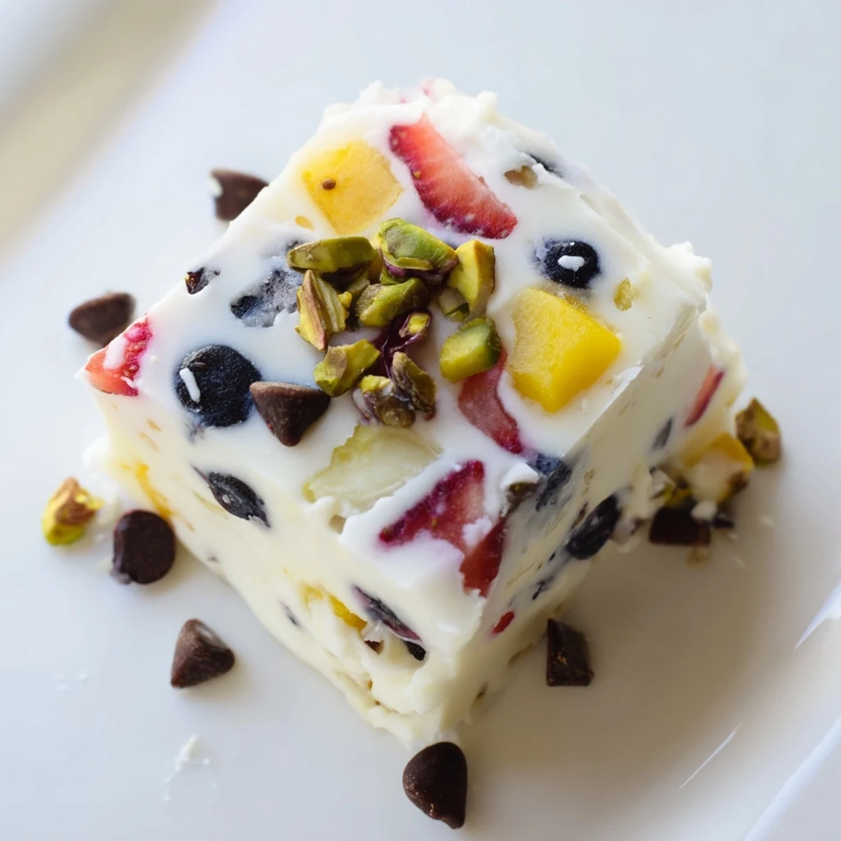 Colorful frozen Greek yogurt bites topped with fresh strawberries and mini chocolate chips on a white plate