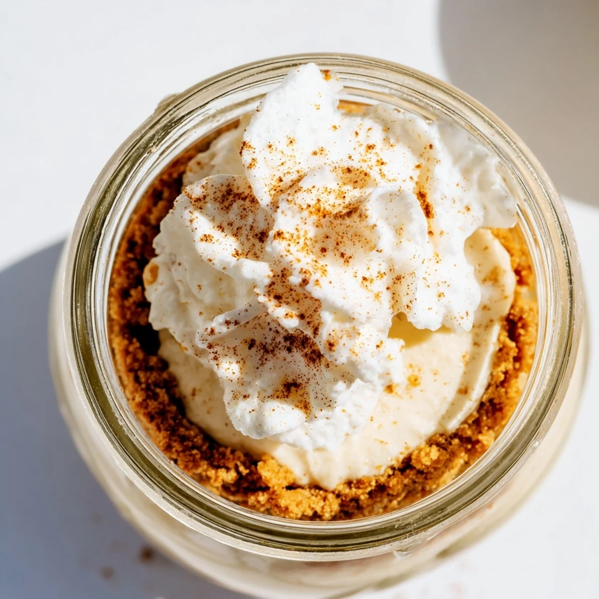 Creamy no bake mini mason jar spiced cheesecakes with graham cracker crust and cinnamon dusting