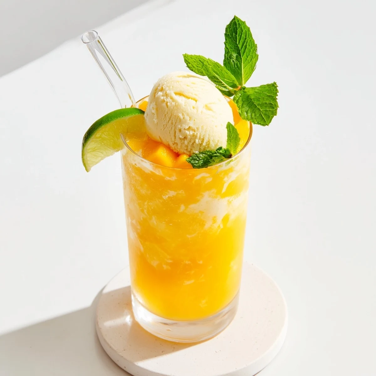 Golden mango ginger float topped with melting vanilla ice cream and fresh mint garnish