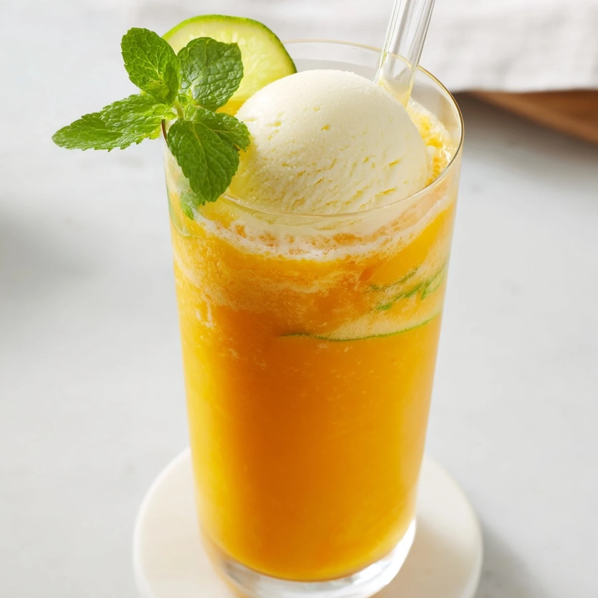 Tropical mango ginger rebel float with creamy vanilla scoop and bubbly sparkling water base