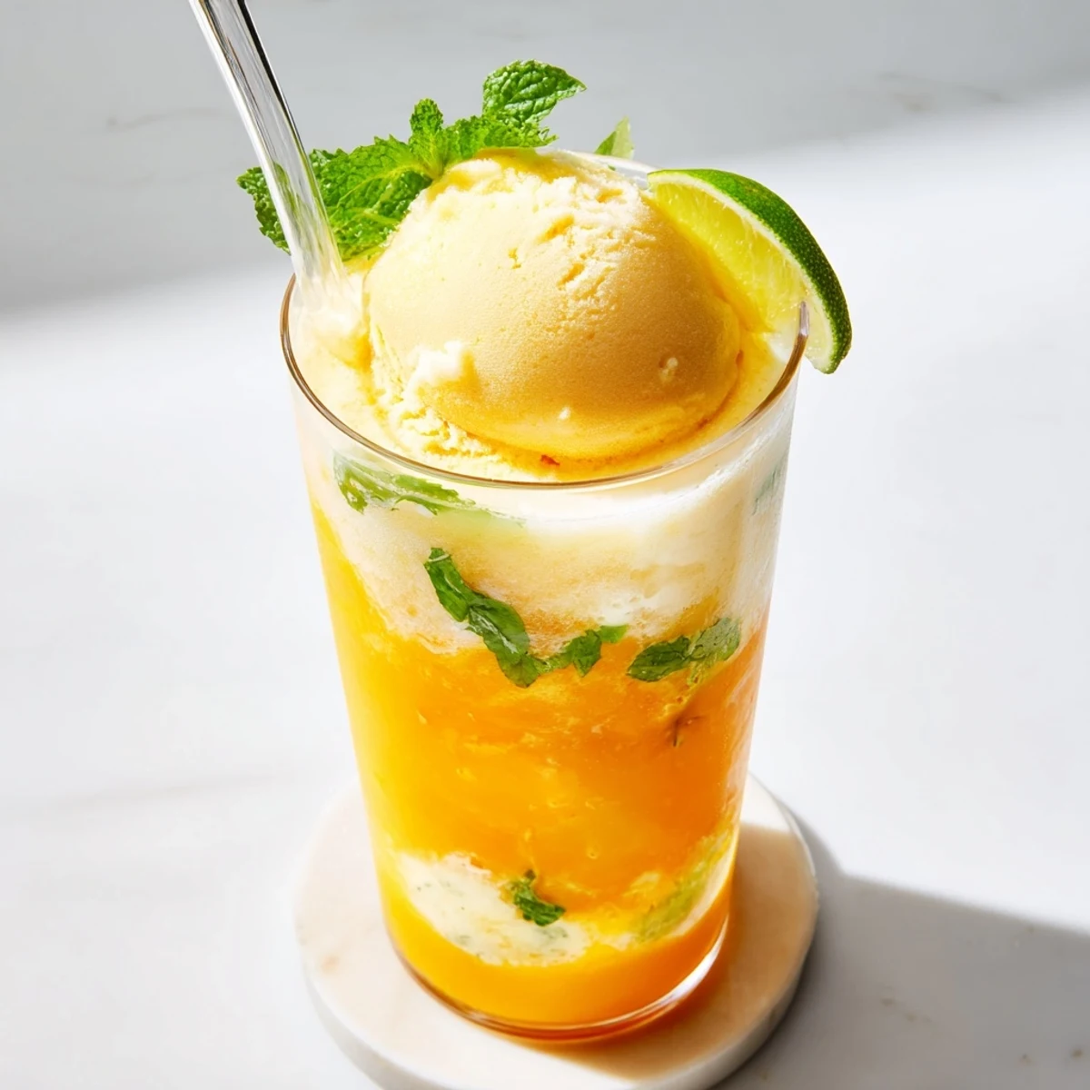 Refreshing mango ginger glow float featuring fizzy soda and premium vanilla ice cream crown
