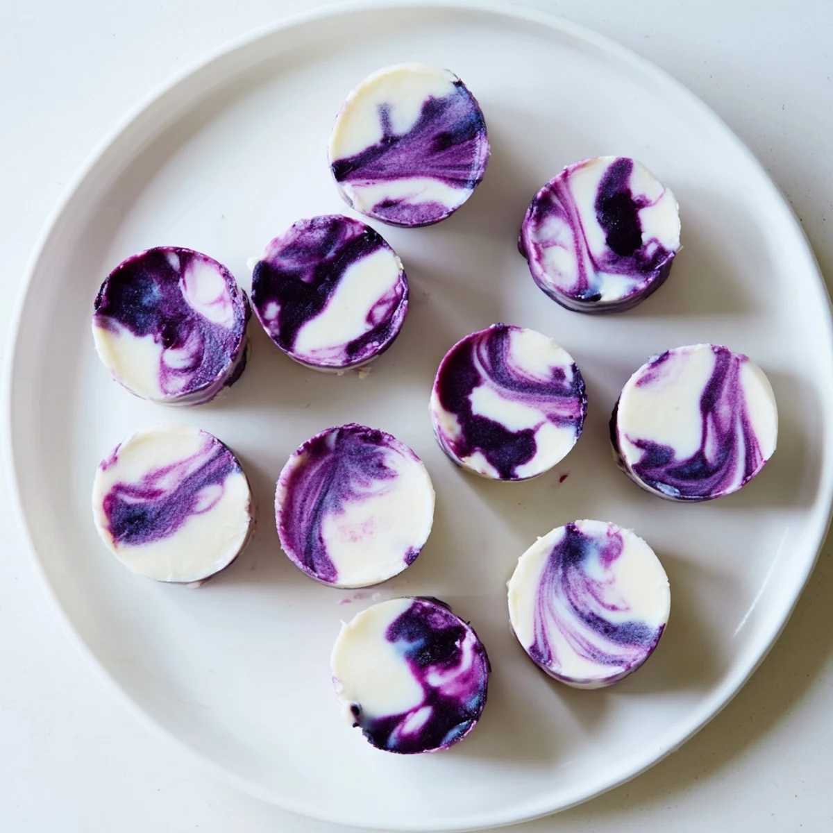 Frozen blueberry swirl yogurt bites showing purple streaks through the white Greek yogurt