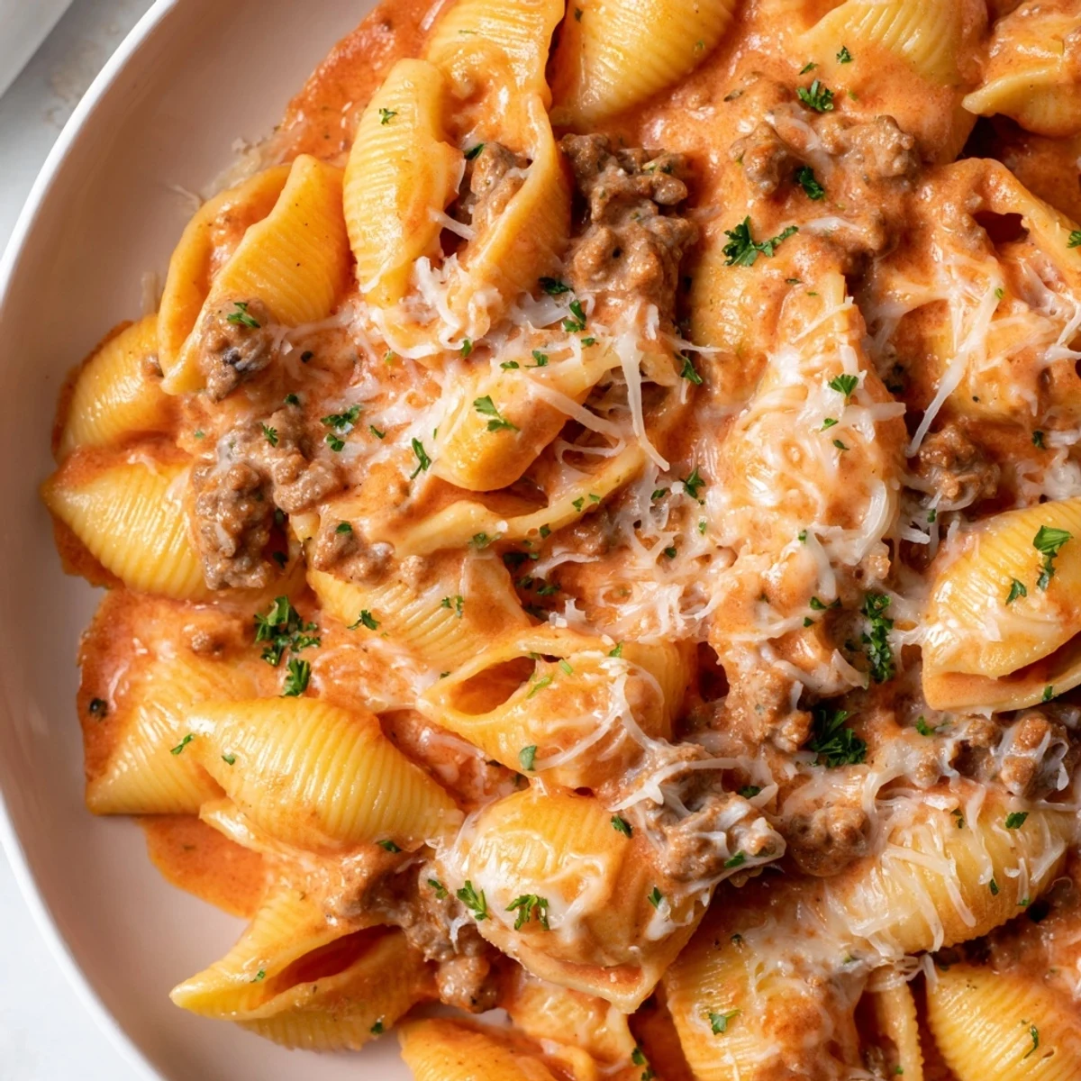 Creamy one pot beef shells pasta with melted cheddar and fresh parsley garnish in a bowl