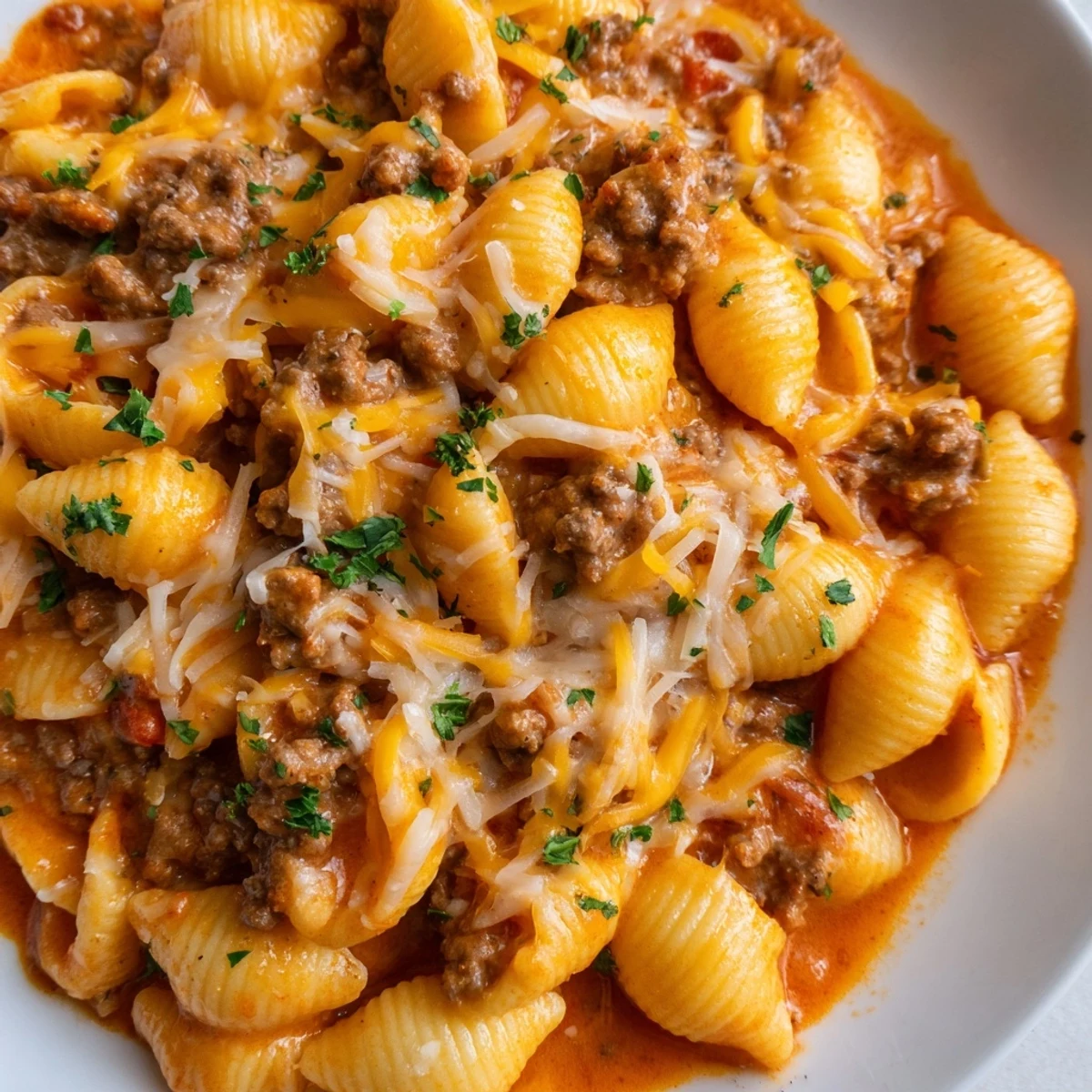 Savory ground beef and pasta shells simmered in rich tomato cream sauce with parmesan cheese