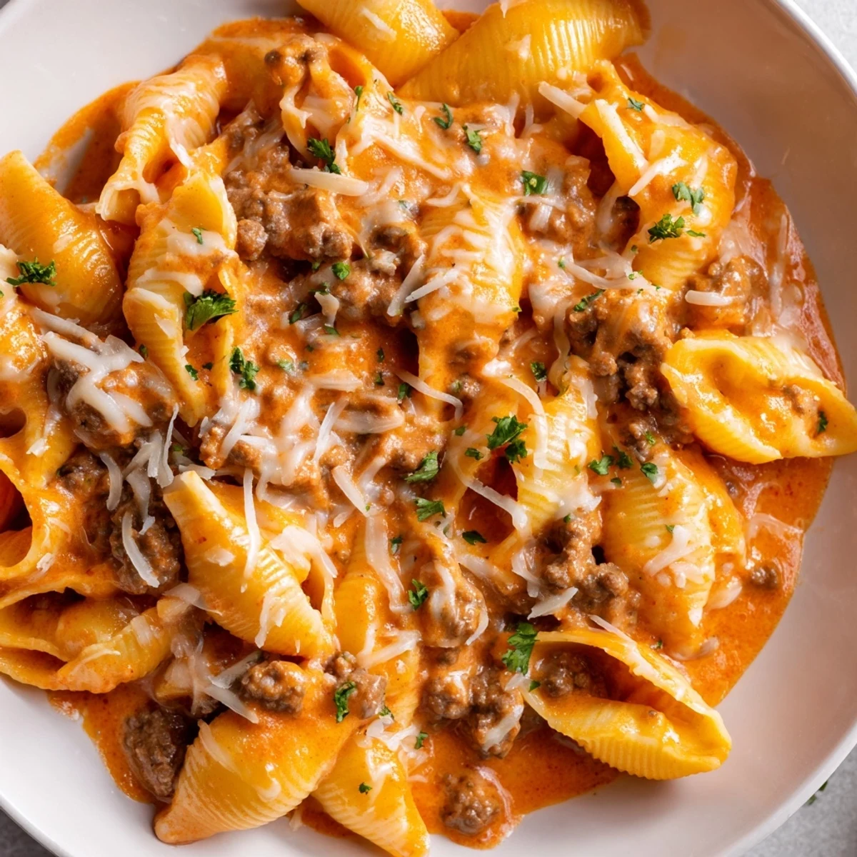 Steaming plate of one pot beef shells featuring tender pasta in a cheesy tomato cream sauce
