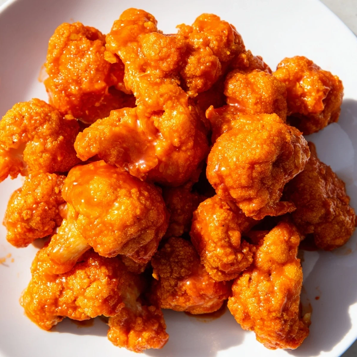 Golden crispy Buffalo cauliflower bites arranged on a white serving platter with fresh celery and carrot sticks