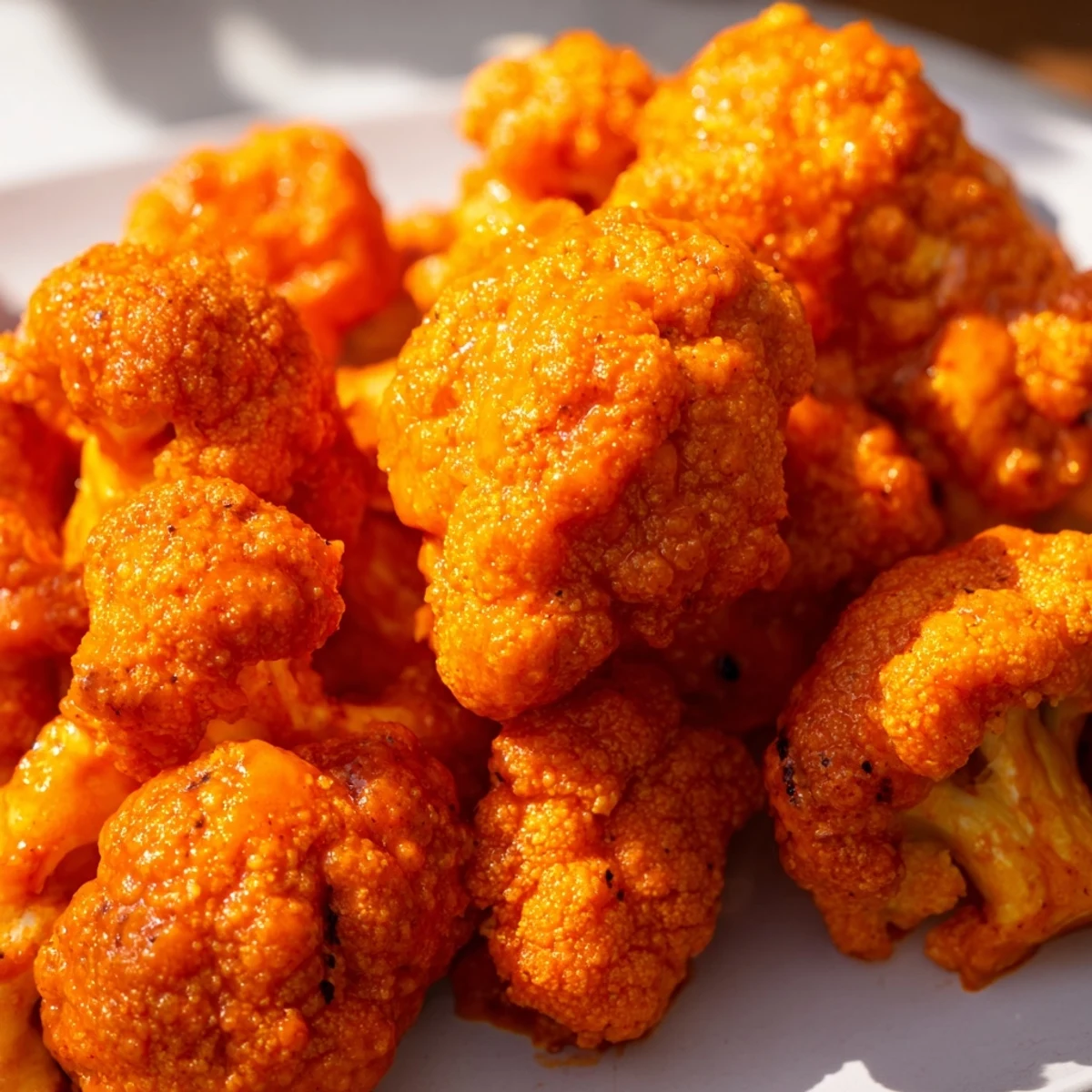 Plate of homemade Buffalo cauliflower bites featuring golden brown florets coated in tangy red buffalo sauce glaze