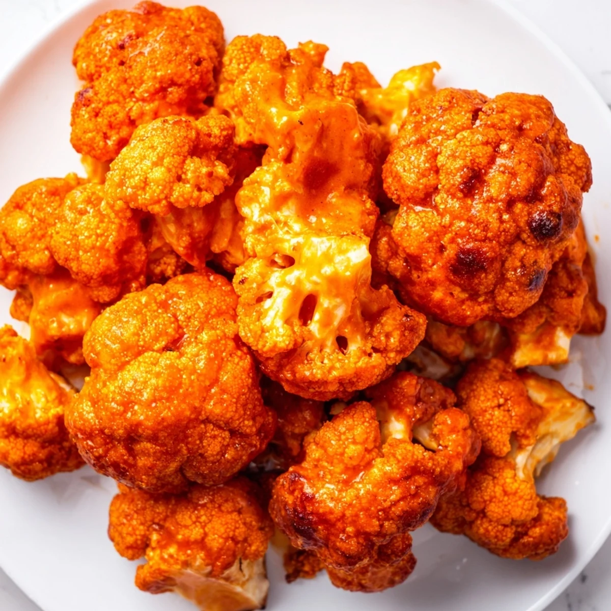 Spicy orange Buffalo cauliflower bites baked until perfectly crispy and served with cool ranch dipping sauce