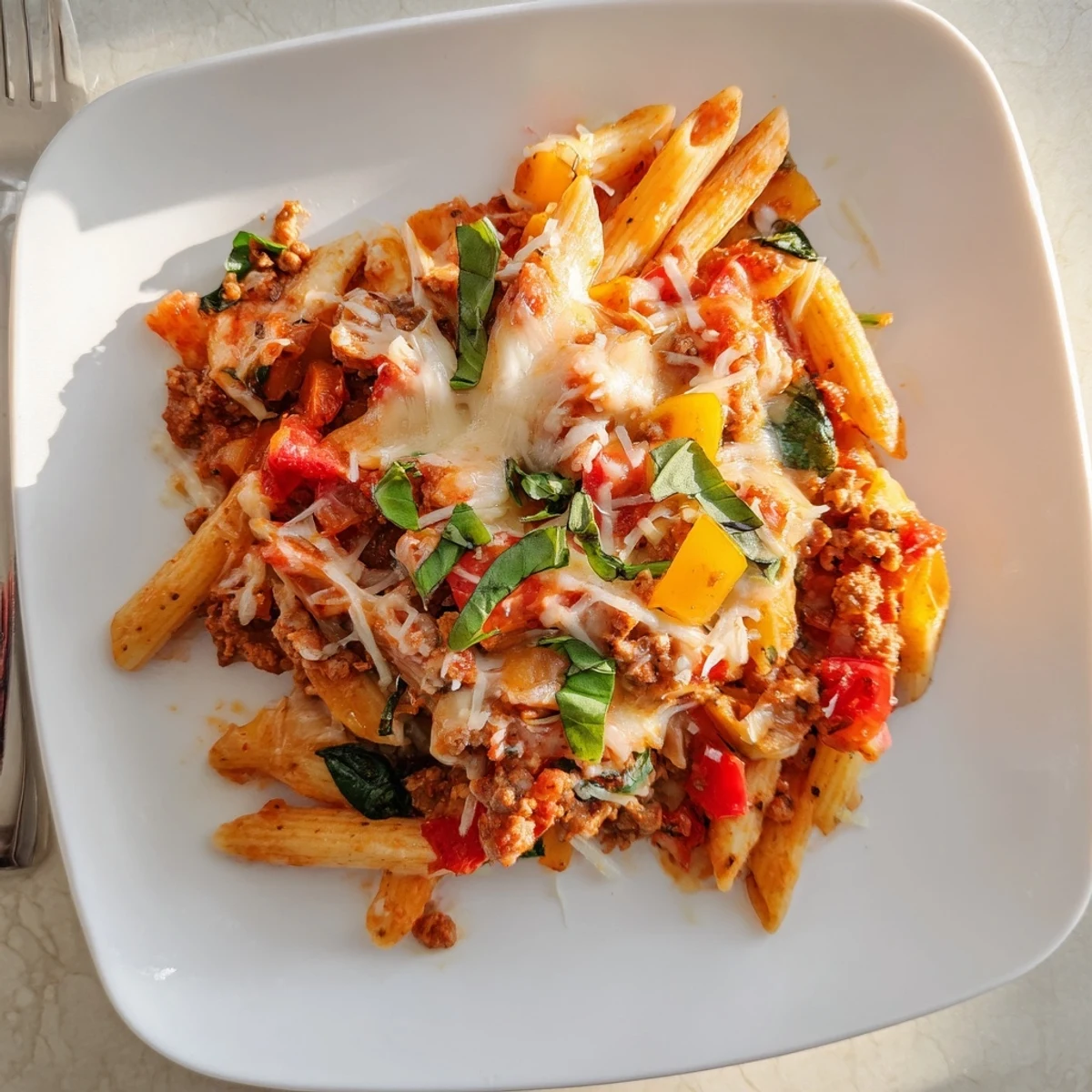 Golden brown homemade ground turkey pasta bake with bubbling mozzarella and fresh basil garnish