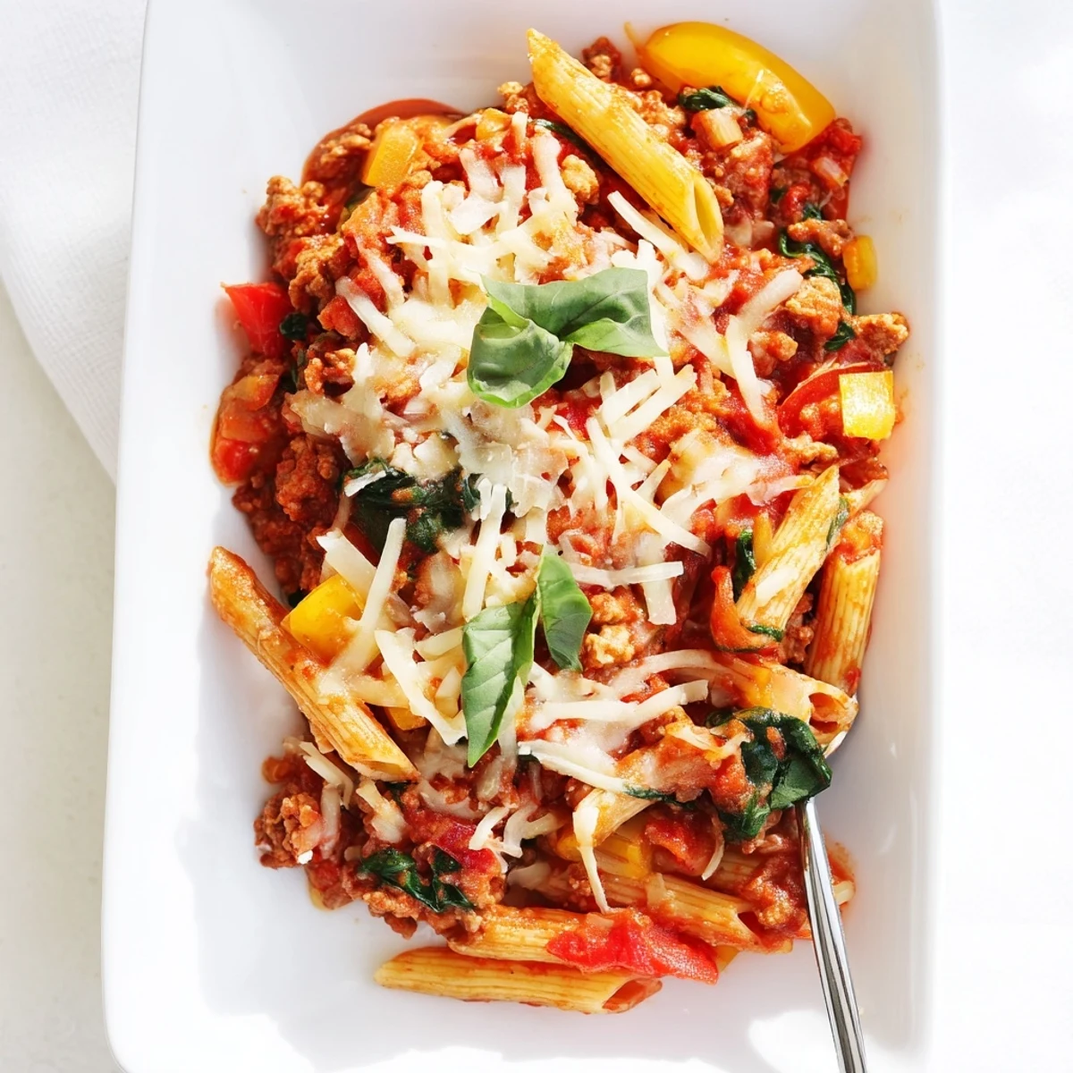 Comforting homemade ground turkey pasta bake in a white casserole dish with crispy golden edges