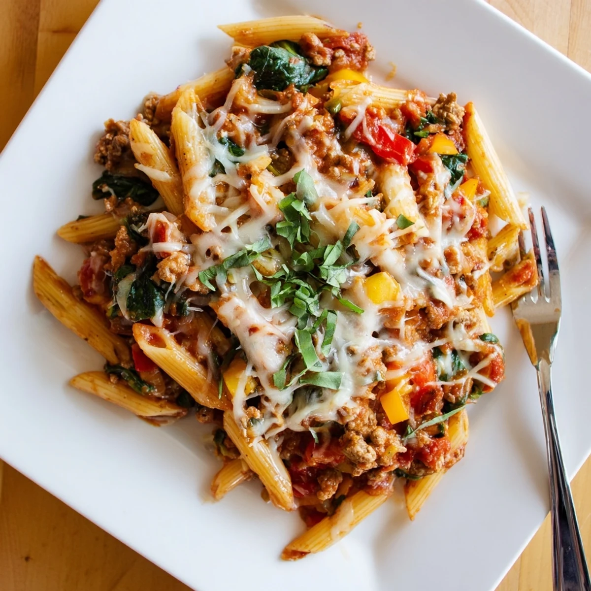 Creamy homemade ground turkey pasta bake topped with melted cheese and vibrant red pepper pieces