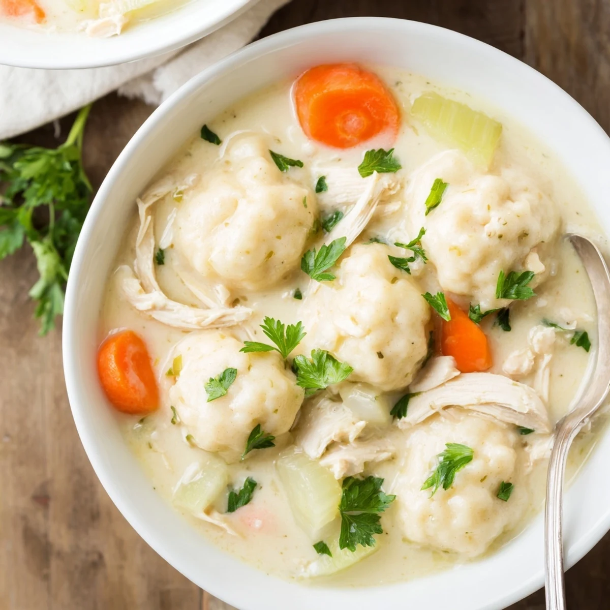 Golden chicken and dumplings with fluffy biscuits floating in rich creamy broth