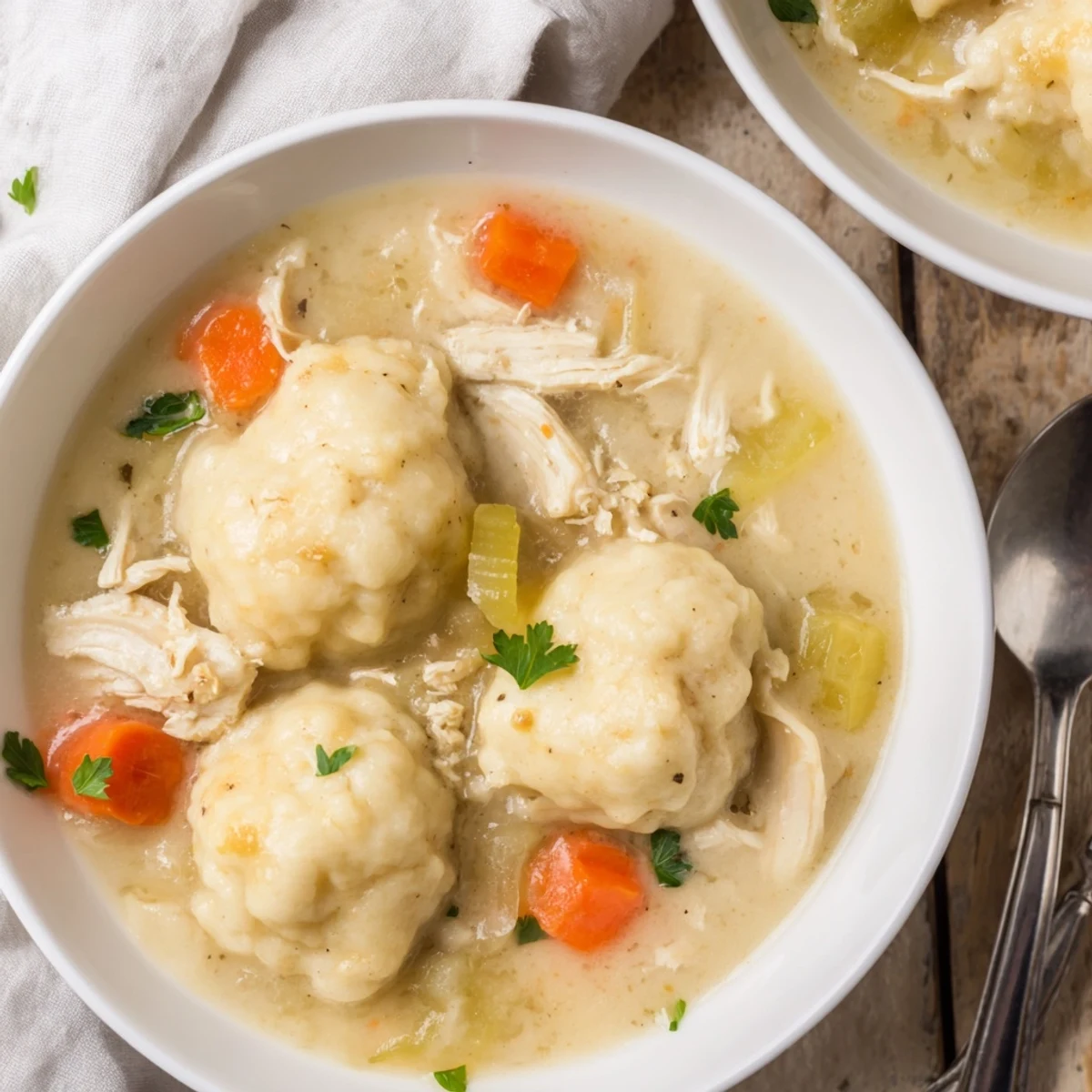 Comforting bowl of chicken and dumplings topped with steaming fluffy biscuit dumplings